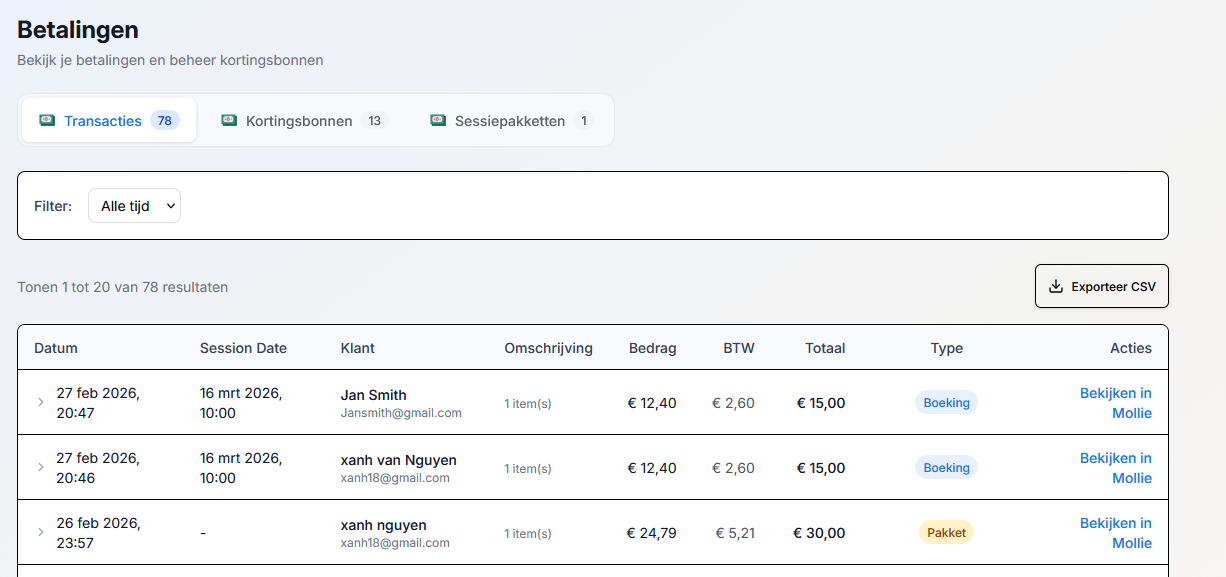 Betalingsoverzicht in Planurr met sessies en sessiepakketten via iDEAL en Mollie