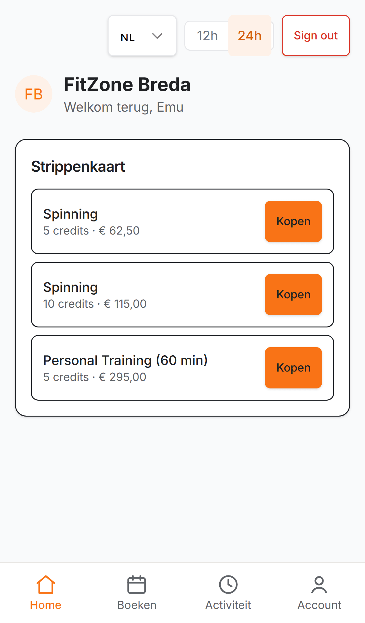 Strippenkaart kopen op een telefoon in het ledenportaal: kaarten met credits en prijs, direct af te rekenen via iDEAL