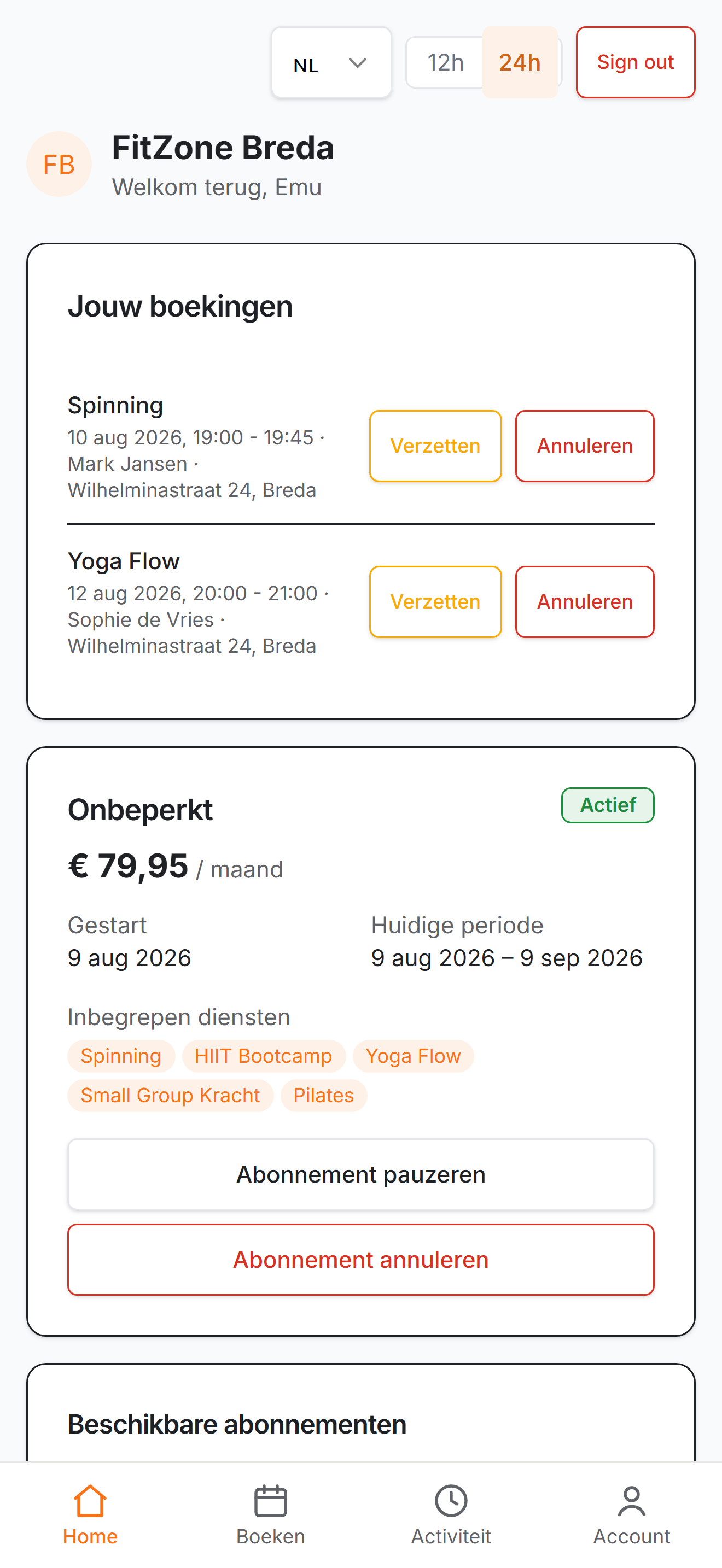 Ledenportaal van Planurr op een telefoon: boekingen, het lopende abonnement en beschikbare plannen om direct af te sluiten