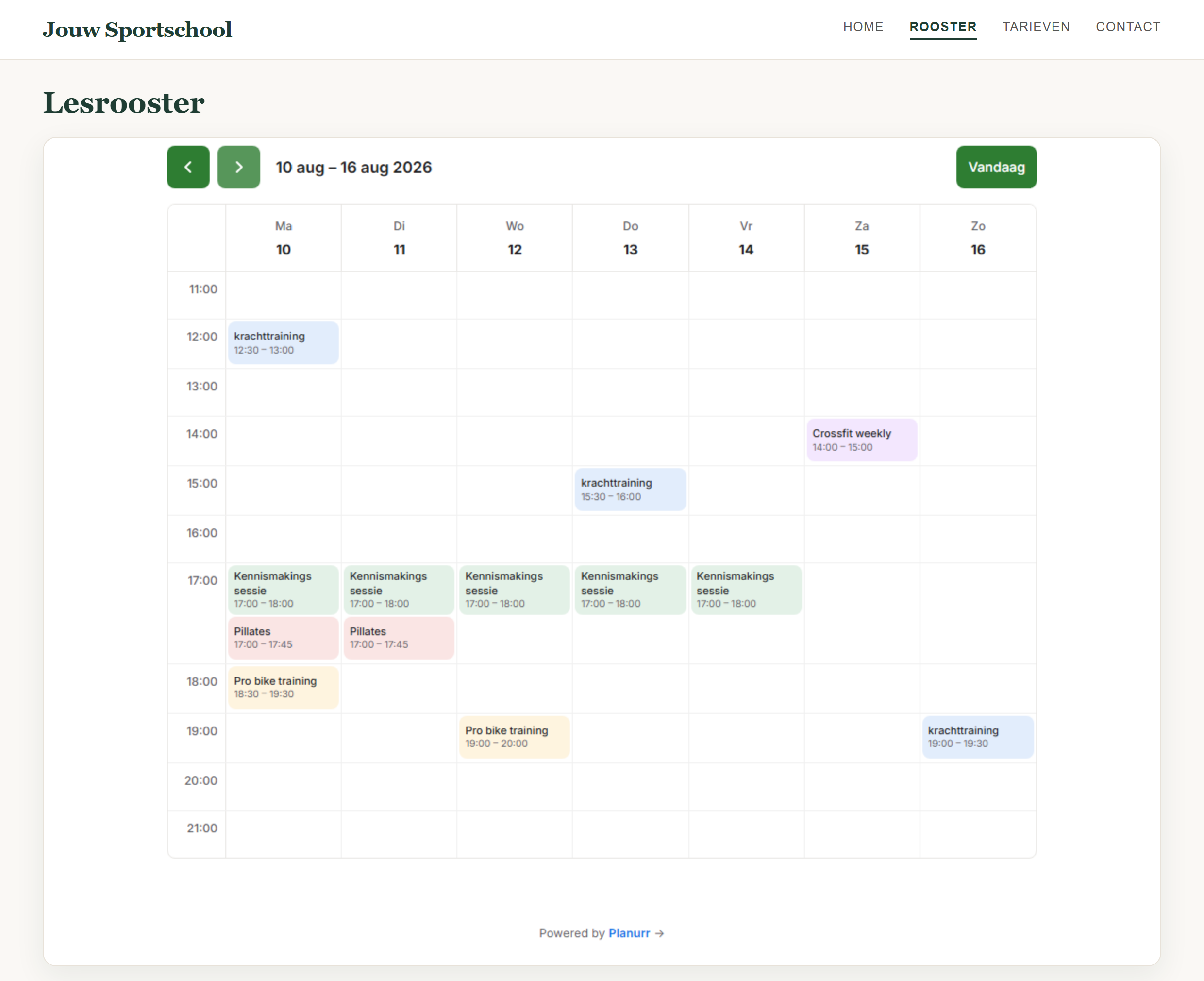 Actueel lesrooster van een sportschool, als kalender ingebed in een WordPress-pagina