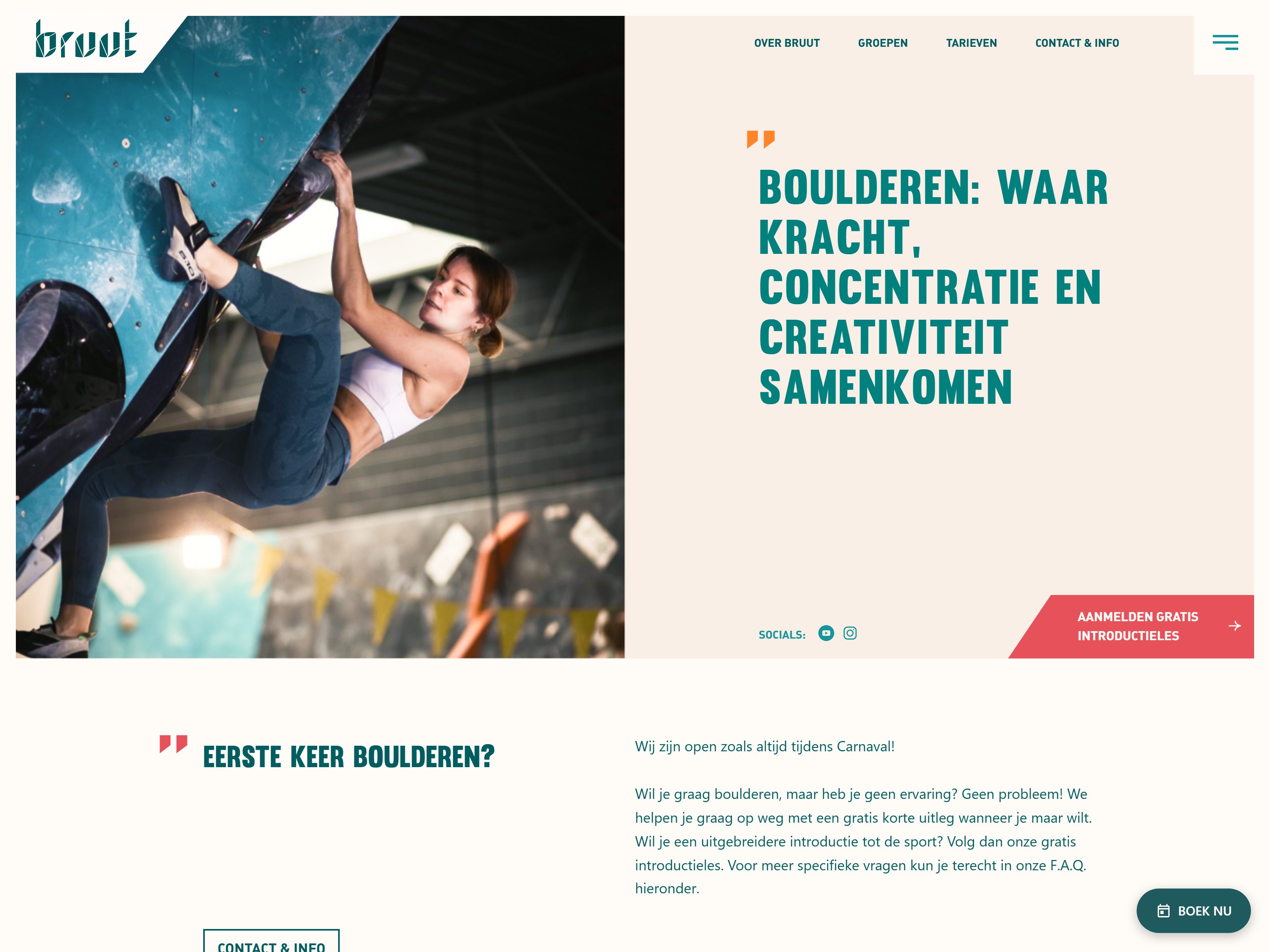 Planurr boekingswidget als zwevende 'Boek nu'-knop op de website van Boulderhal Bruut